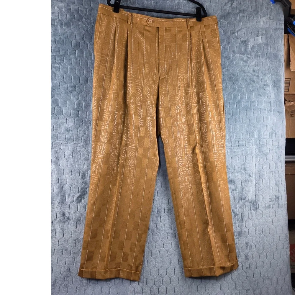 Il Canto Italian Designer Mens 42L Pleated Trousers Gold Jacquard Tribal Cuffed